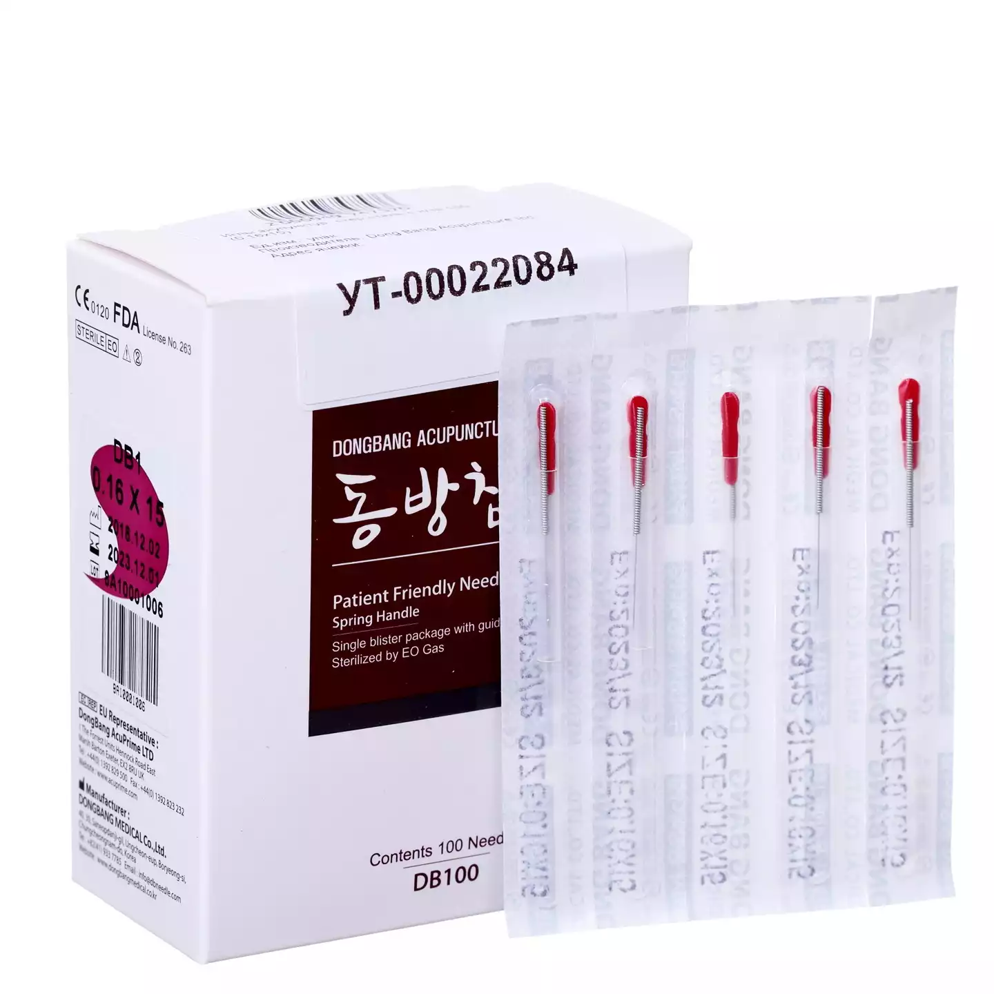 Игла акупунктурная стальная DB100, размер 0,16х15мм, с направителем и классической стальной пружинчатой рукояткой, 1шт - стерильный блистер, упаковка 100шт