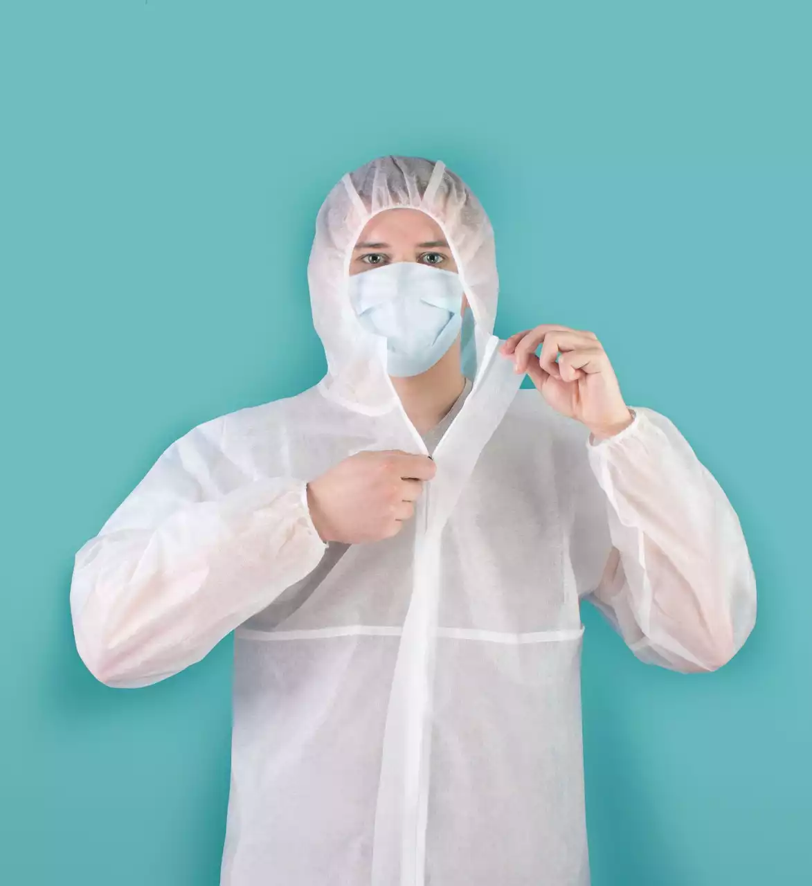 Комбинезон защитный, с капюшоном,рукава на резинке, застежка-молния, БЕЗ бахил, спанбонд 40г/м2, размер 52-54, рост 170-176см, нестерильный (без РУ)