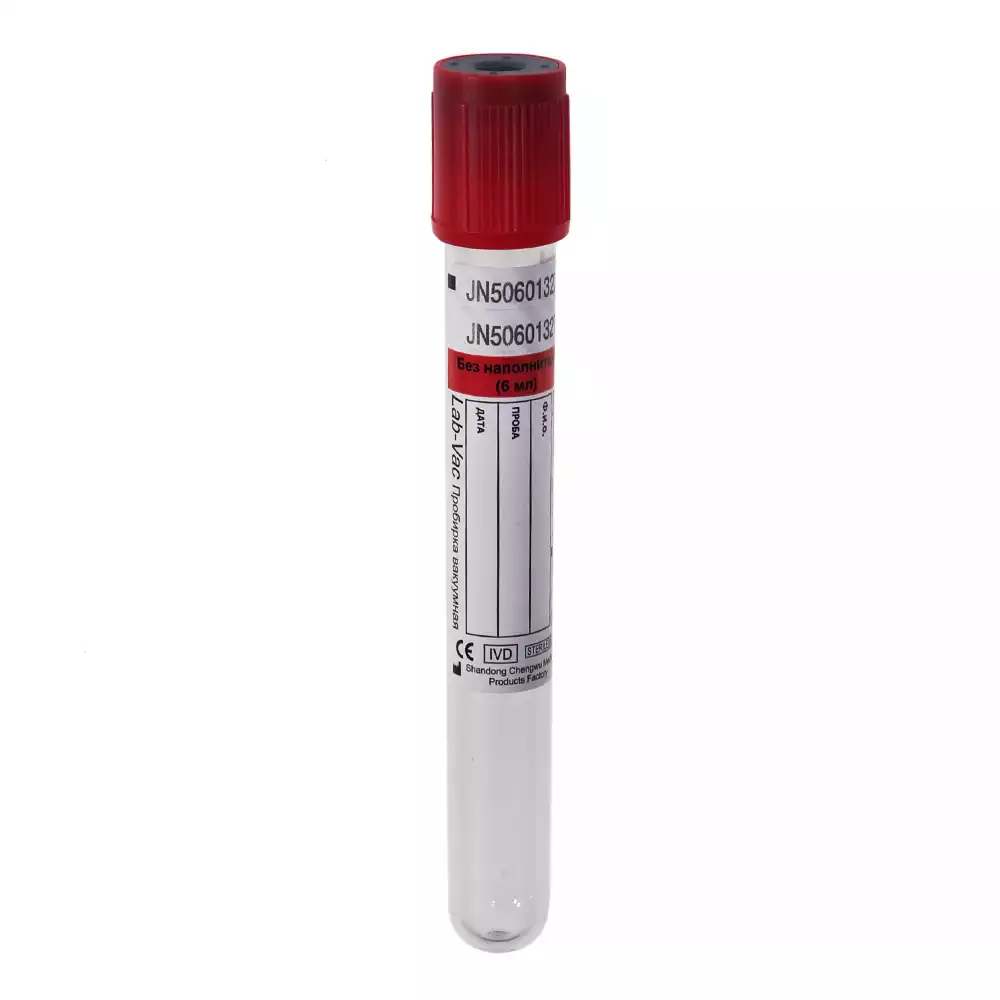 Пробирка Lab-Vac пластиковая, объем 6мл, размер 13*100мм, для исследования сыворотки (без наполнителя) цвет красный