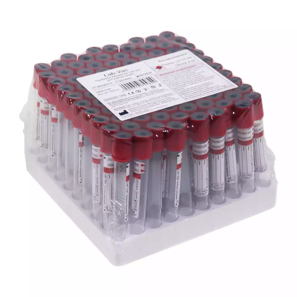 Пробирка Lab-Vac пластиковая, объем 6мл, размер 13*100мм, для исследования сыворотки (без наполнителя) цвет красный