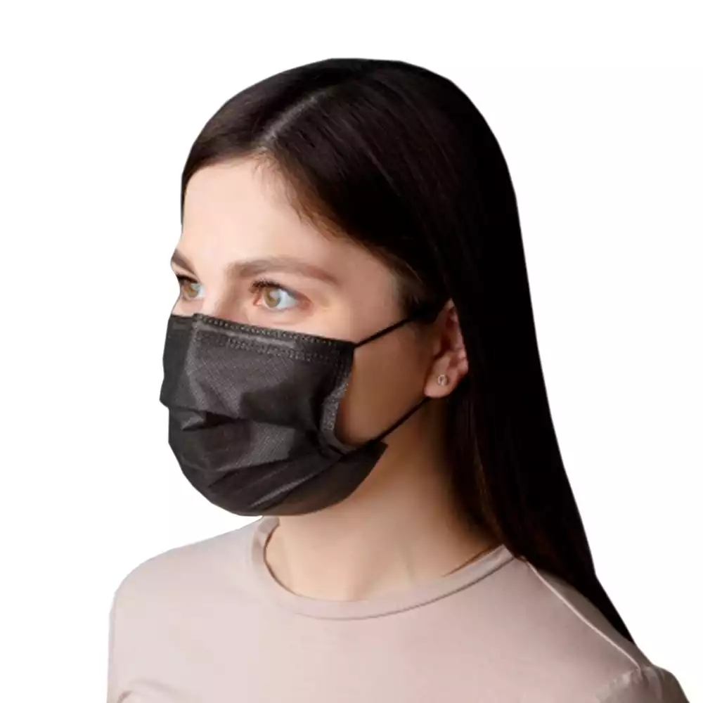 Маска медицинская 3-х слойная, с носовым фиксатором 10см, на резинке (круглая), материал СМС, нестерильная, черная, 50 шт/упак, п/э пакет