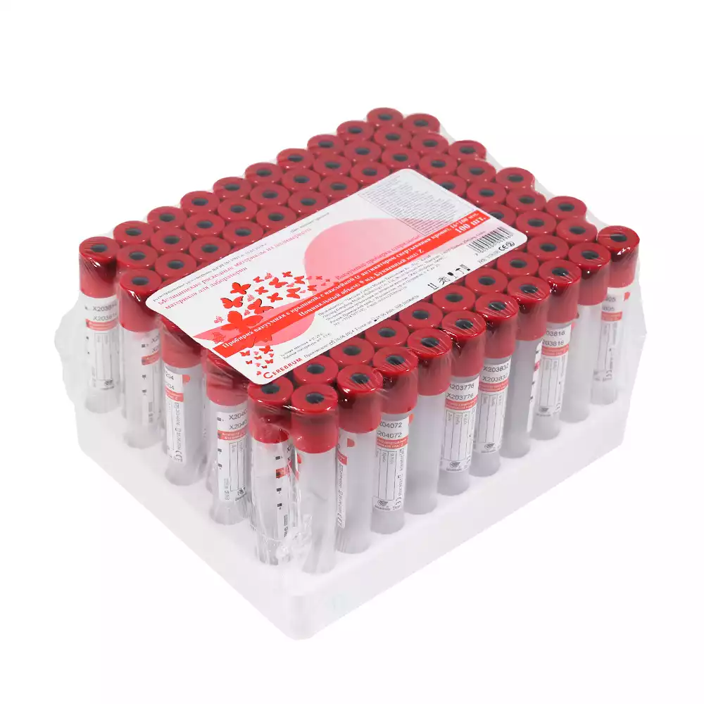 Пробирка вакуумная RusTech пластиковая, объем 9,0 мл, размер 16*100 мм, с активатором свертывания, цвет крышки красный