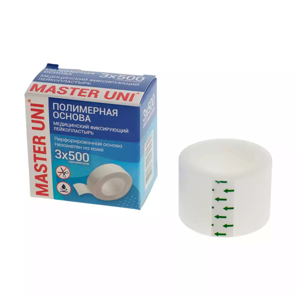 Лейкопластырь Master Uni на полимерной основе, фиксирующий, размер 3см*500см, катушка в картонной коробке