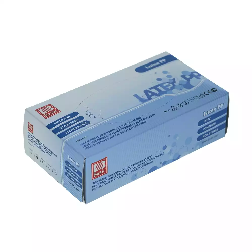 Перчатки BASIC EXAM PP, размер S, латексные, опудренные, текстурированные, нестерильные, упаковка 50пар