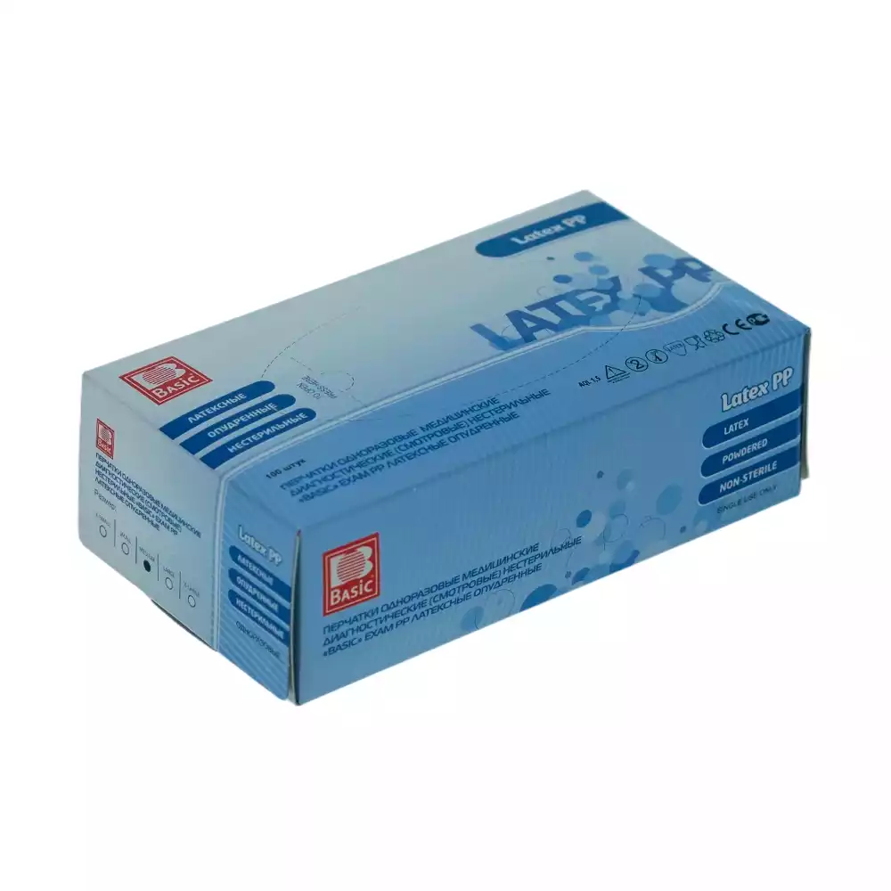 Перчатки BASIC EXAM PP, размер M, латексные, опудренные, текстурированные, нестерильные, упаковка 50пар