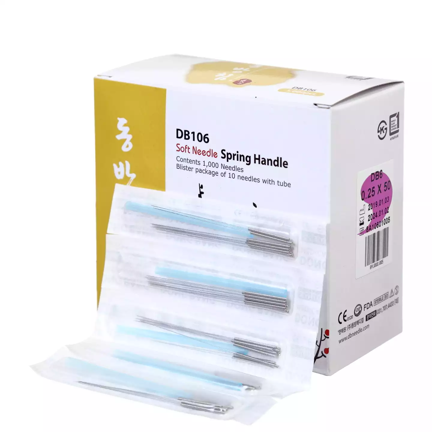 Игла акупунктурная стальная DB106, размер 0,25х50мм, с направителем и классической стальной пружинчатой рукояткой, 10шт - стерильный блистер, упаковка 1000шт