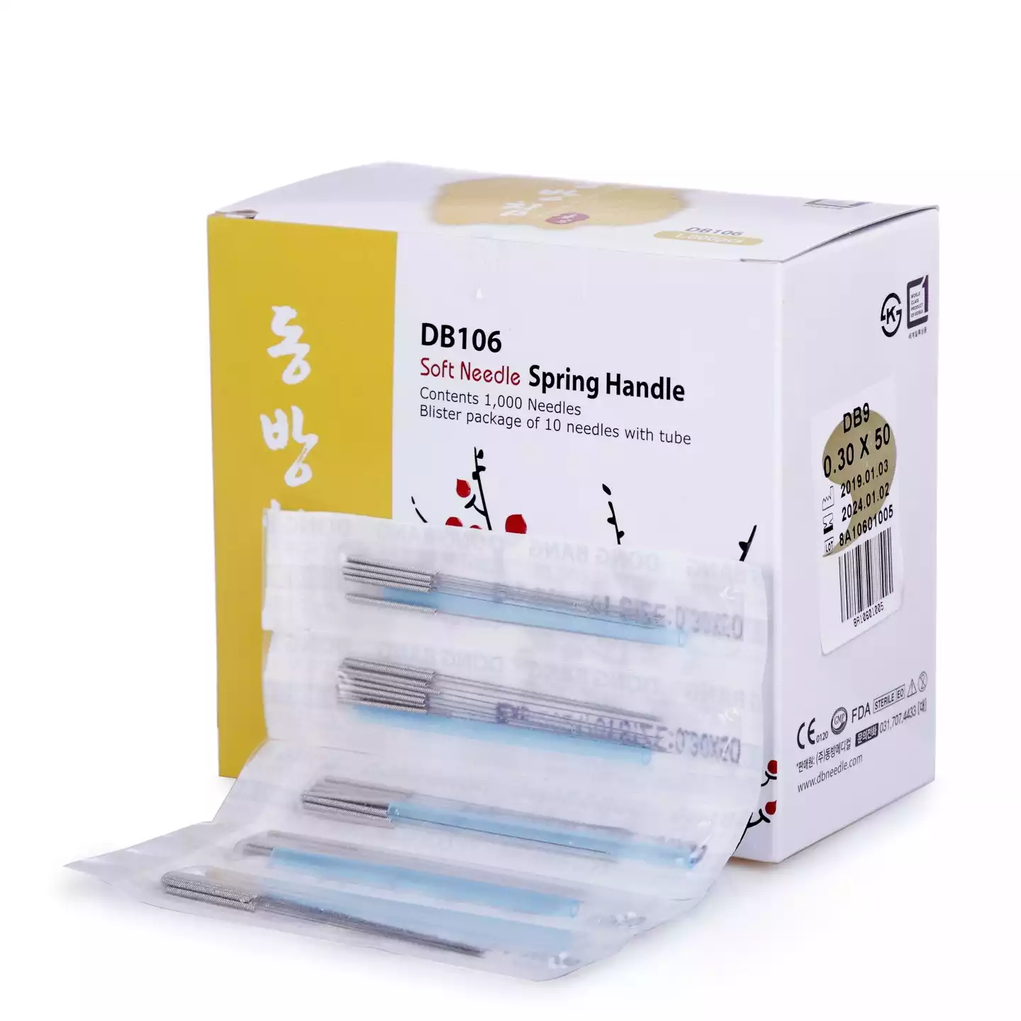 Игла акупунктурная стальная DB106, размер 0,30х50мм, с направителем и классической стальной пружинчатой рукояткой, 10шт - стерильный блистер, упаковка 1000шт