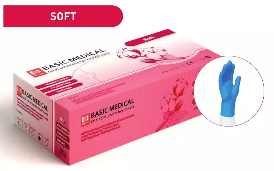 Перчатки Basic Soft, размер M, нитриловые, вес 6,0 г/пара, нестерильные неопудренные, текстурированные на пальцах, цвет голубой, упаковка 50 пар