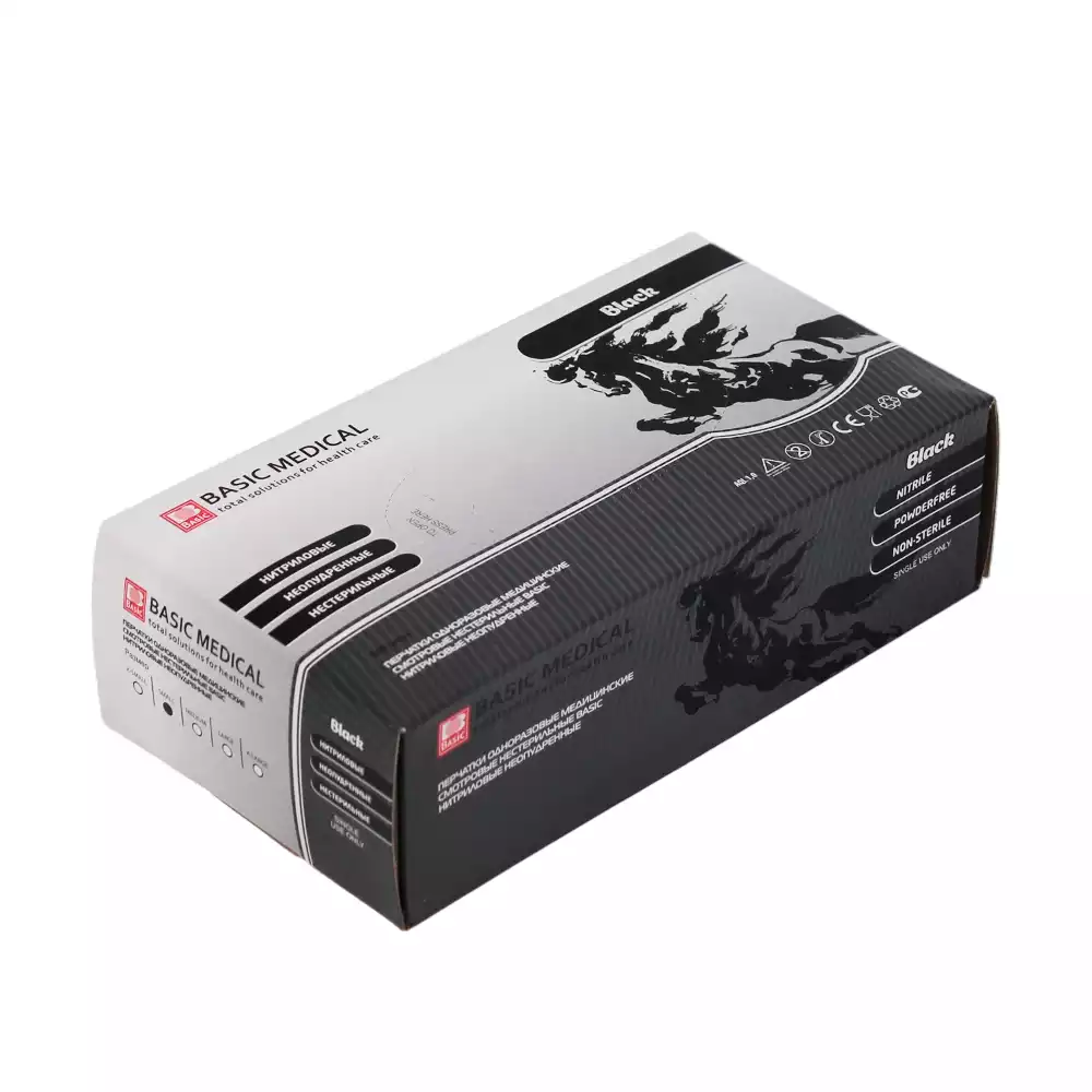 Перчатки Basic Black, размер S, нитриловые, вес 7,0г/пара, неопудренные, текстурированные на пальцах, цвет черный, нестерильные, упаковка 50пар