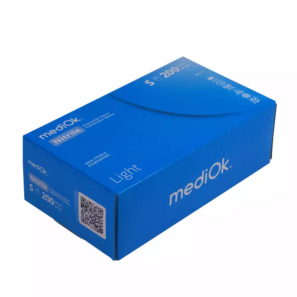 Перчатки mediOk LIGHT, размер S, нитриловые, вес 5,4 г/пара, неопудренные, текстурированные на пальцах, цвет голубой, нестерильные, упаковка 100 пар