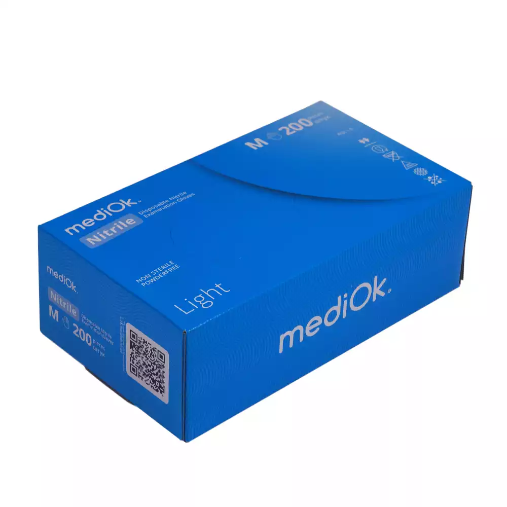 Перчатки mediOk LIGHT, размер M, нитриловые, вес 5,4г/пара, неопудренные, текстурированные на пальцах, цвет голубой, нестерильные, упаковка 100пар