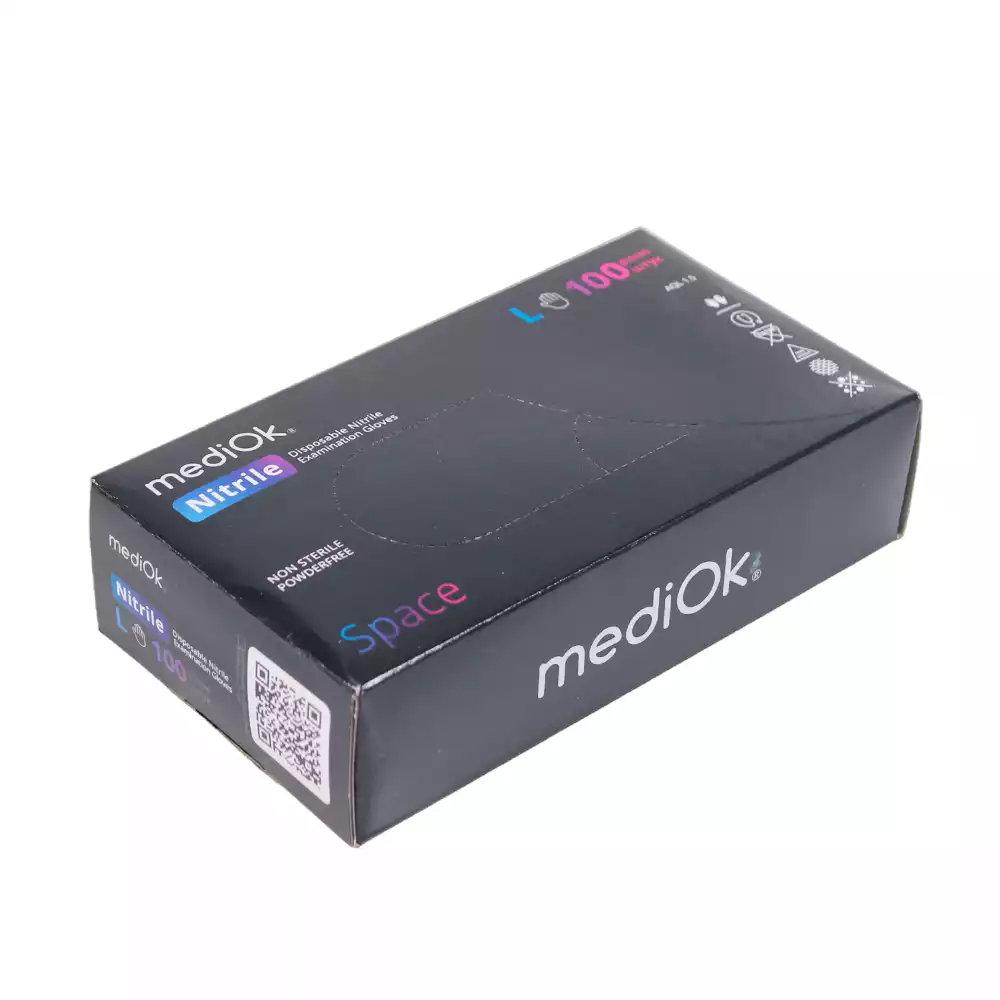 Перчатки mediOk Space, размер L, нитриловые, вес 7,0г/пара, неопудренные, текстурированные на пальцах, цвет черный, нестерильные, упаковка 50пар
