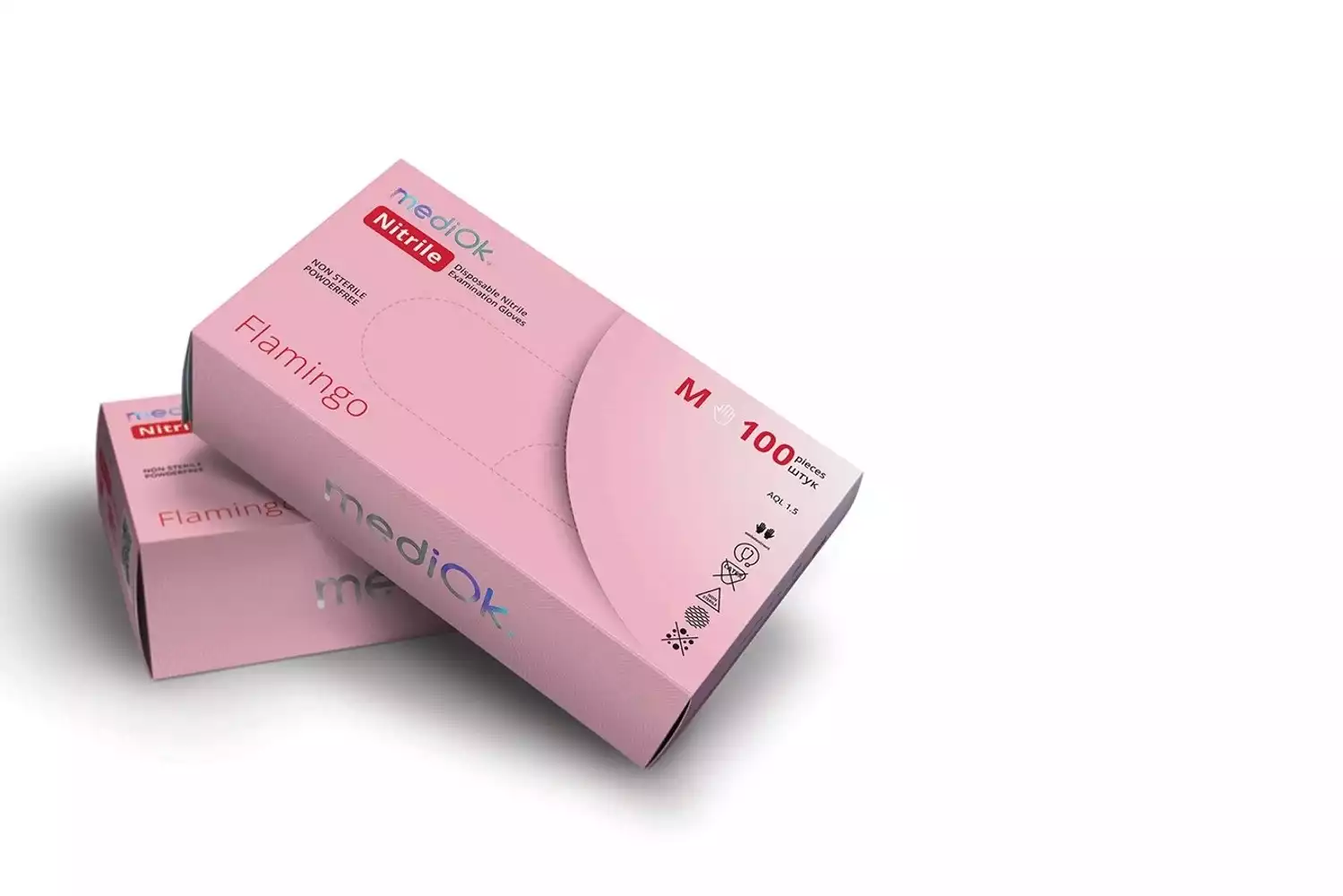 Перчатки mediOk Nitryl Flamingo, размер M, нитриловые, вес 8,0г/пара, неопудренные, текстурированные на пальцах, нестерильные, цвет розовый, упаковка 50пар