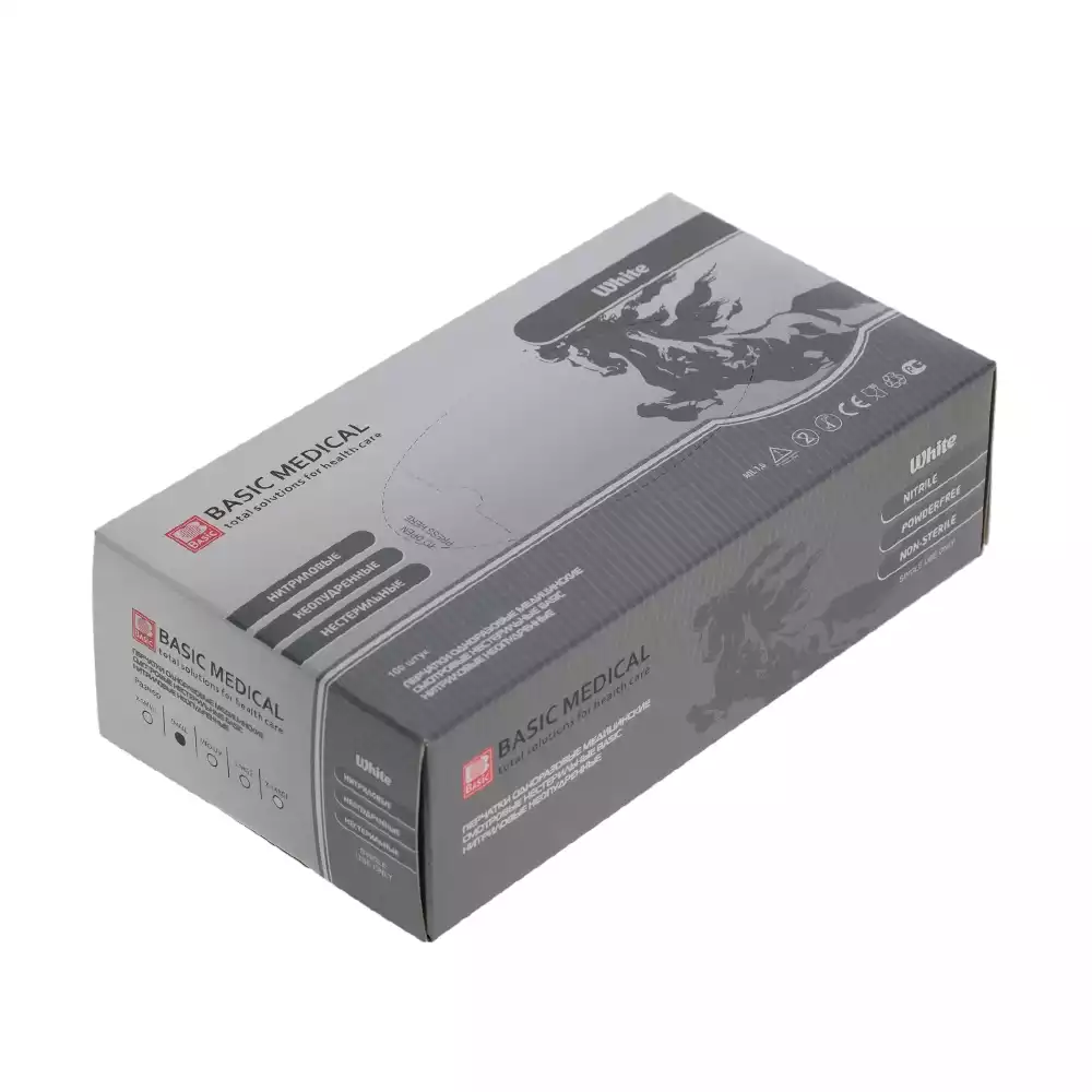 Перчатки Basic Sensitive White, размер S, нитриловые, вес 7,0г/пара, неопудренные, текстурированные на пальцах, цвет белый, нестерильные, упаковка 50пар
