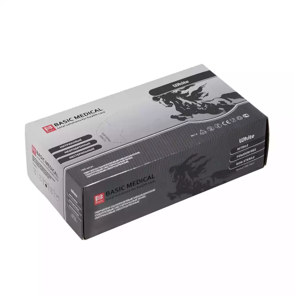 Перчатки Basic Sensitive White, размер M, нитриловые, вес 7,0г/пара, неопудренные, текстурированные на пальцах, цвет белый, нестерильные, упаковка 50пар