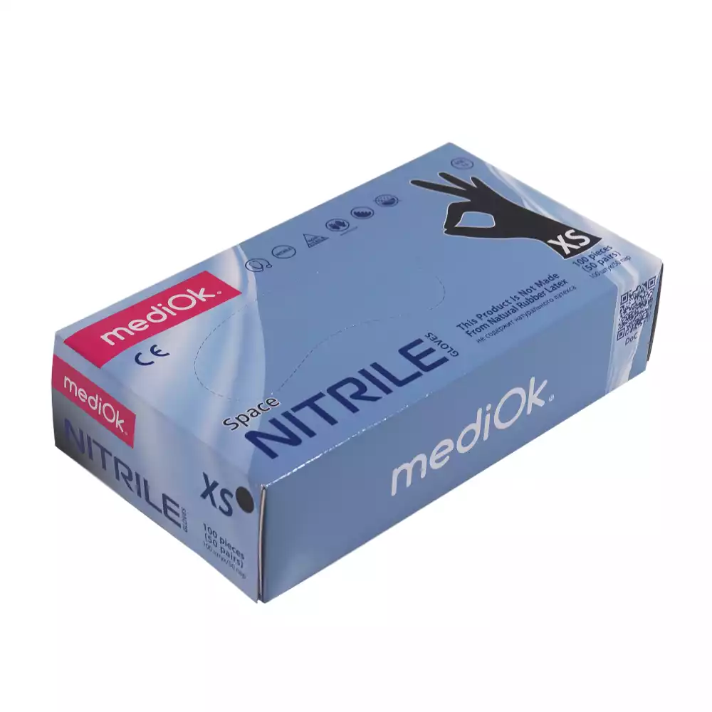 Перчатки mediOk Space, размер XS, нитриловые, вес 7,0г/пара, неопудренные, текстурированные на пальцах, цвет черный, нестерильные