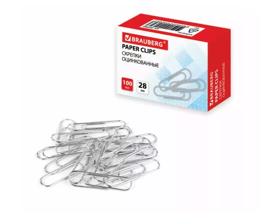 Скрепки BRAUBERG, 28 мм, оцинкованные, 100 шт., в картонной коробке