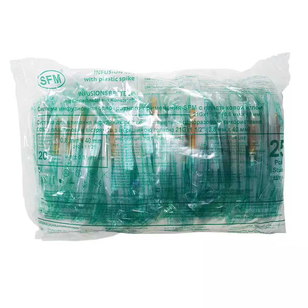 Система инфузионная для переливания растворов 21G игла 0,8*40, пластиковый шип, длина 150см, одноразовая, стерильная